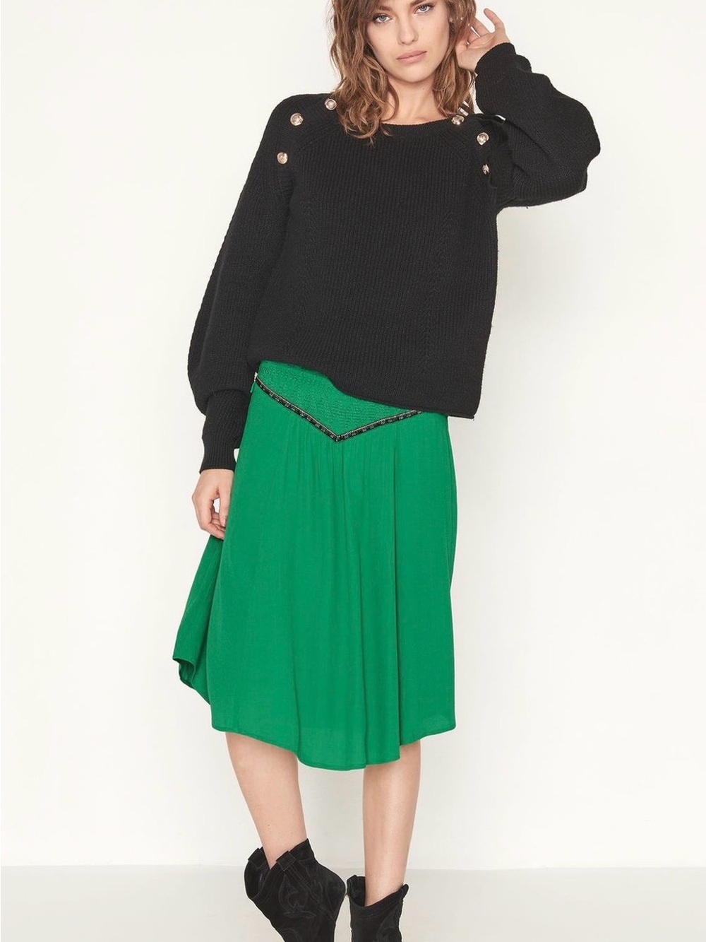 ba&sh Green V-Waist Jupe Talo Midi Skirt Size Large NWT